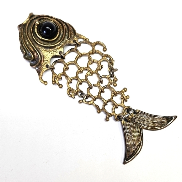 VINTAGE Brutalist Articulated Brass Large Fish Skeletal Statement Pendant MCM - Picture 1 of 8